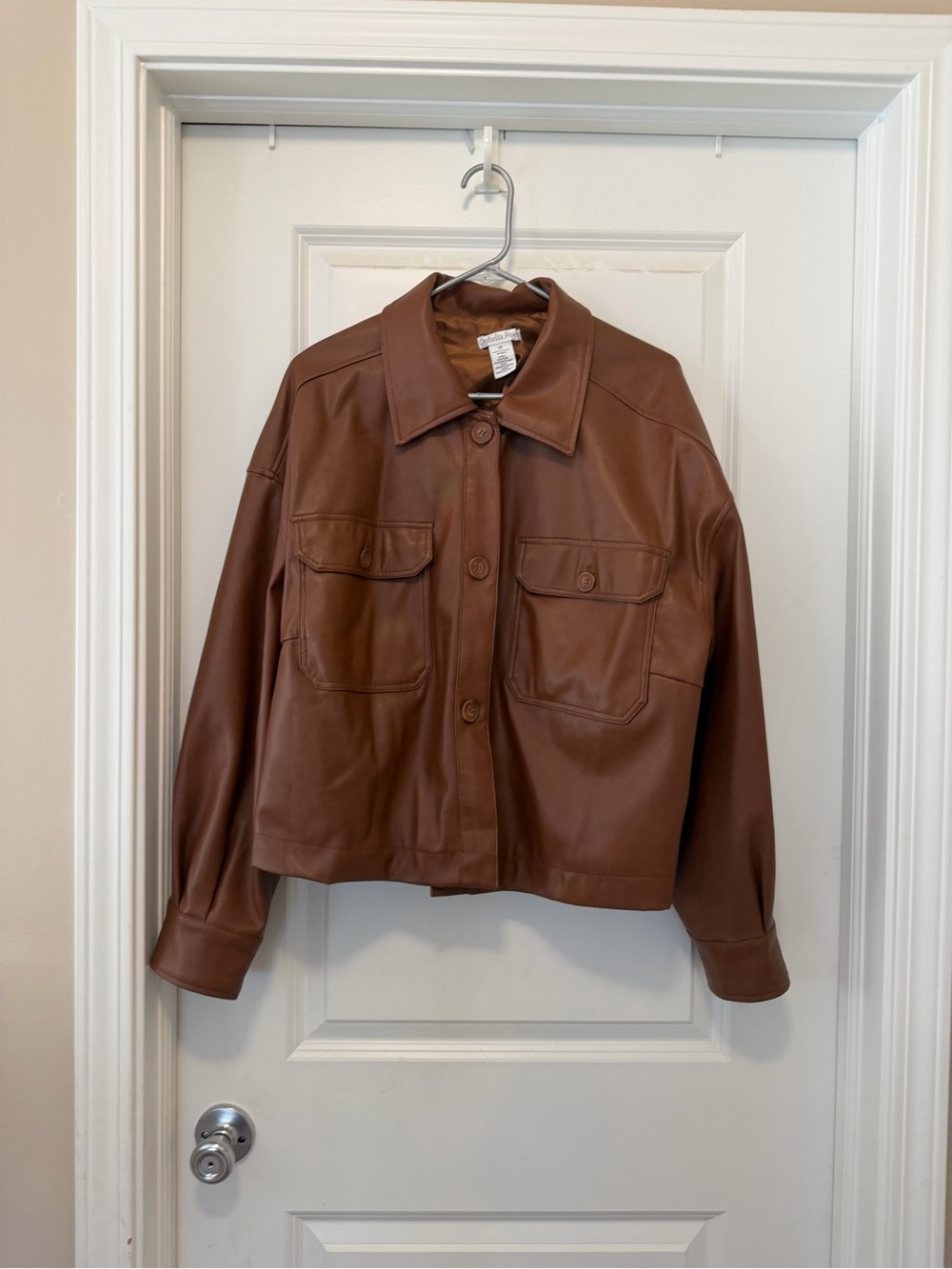 Cognac Faux Leather Button-Front Jacket